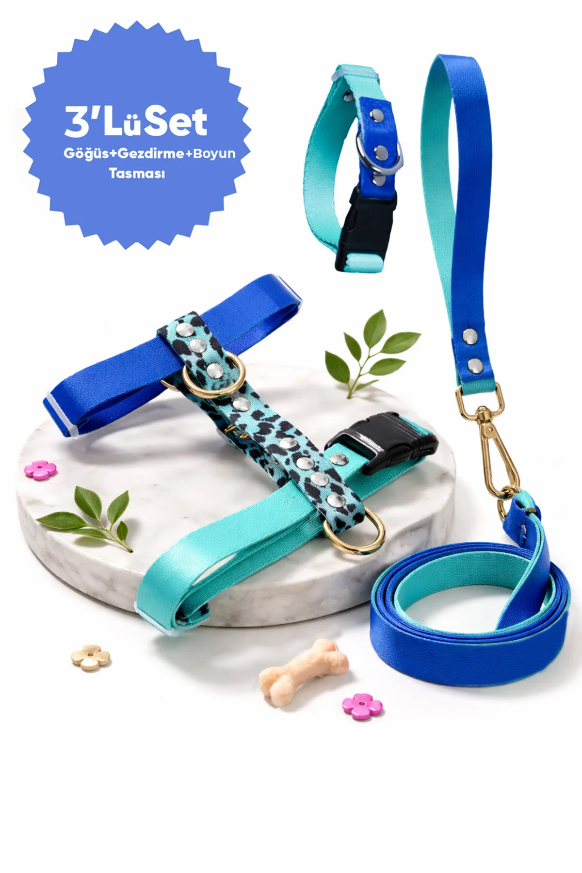 Mavi Çekiştirme Önleyici Ayarlanabilir H Tipi Köpek Göğüs & Gezdirme ve Boyun Tasması Seti